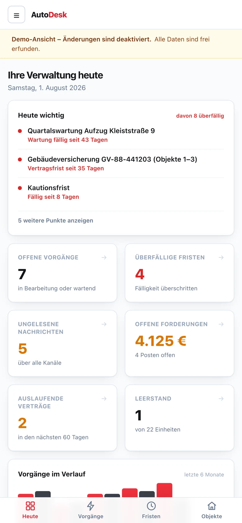 AutoDesk auf dem Telefon: Übersicht mit Fristen, offenen Vorgängen und Forderungen